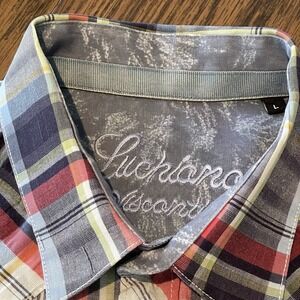 Men's Plaid Button Shirt by Luchiano Visconti size L ~ red/white/blue/yellow EUC